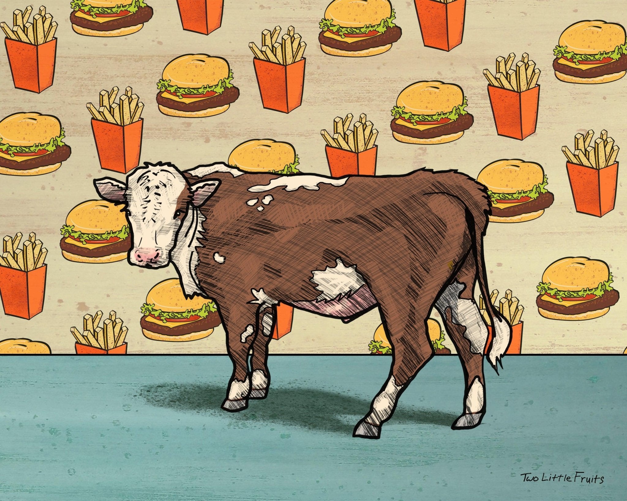 Cow And Cheeseburger Art Print - Two Little Fruits