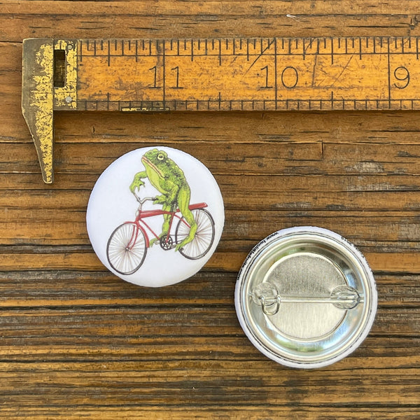 Frog On Bike Button Pin - Button Pins - Two Little Fruits - Two Little Fruits