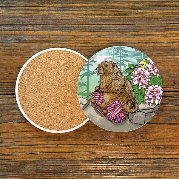 Knitting Marmot Drink Coaster - Coasters - Two Little Fruits - Two Little Fruits