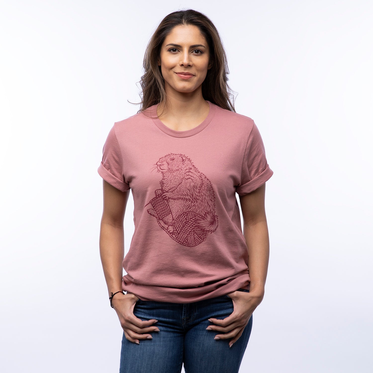 Knitting Marmot Graphic Tee - Mauve - Tee Shirts - Two Little Fruits - Two Little Fruits