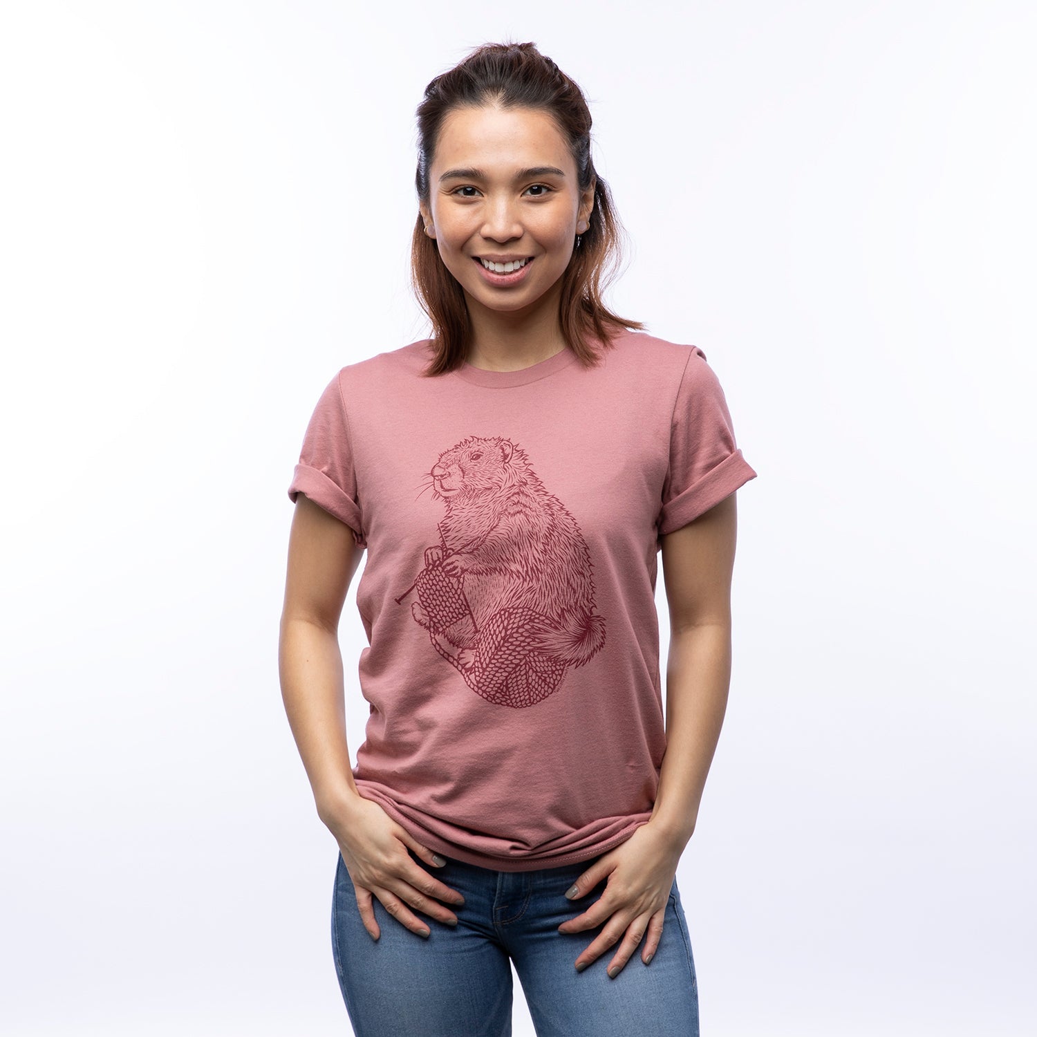 Knitting Marmot Graphic Tee - Mauve - Tee Shirts - Two Little Fruits - Two Little Fruits