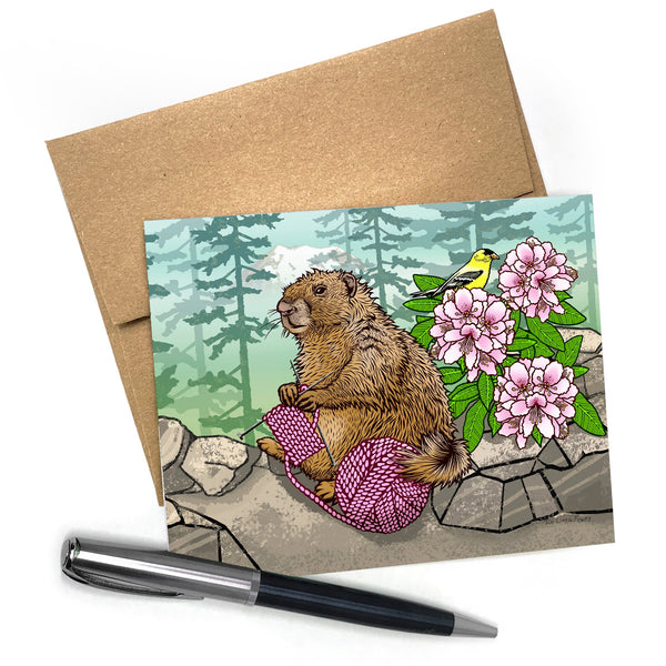 Knitting Marmot Greeting Card - Greeting Cards - Two Little Fruits - Two Little Fruits