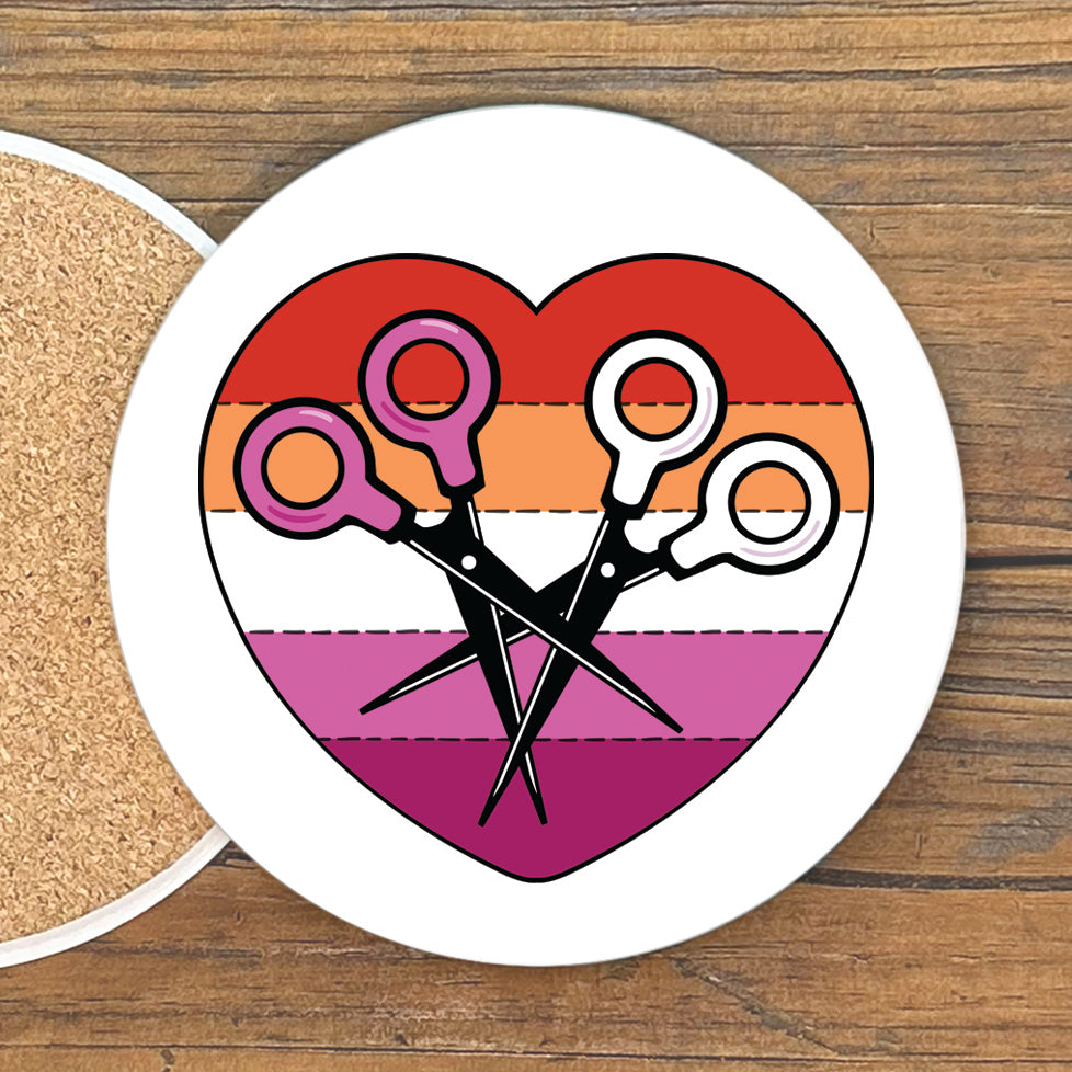 Lesbian Pride Scissor Heart Table Drink Coaster design featuring colorful stripes and scissors in a heart shape, perfect for adding flair to your surfaces. Ideal lesbian pride coaster for decoration or gifts.