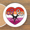 Lesbian Pride Scissor Heart Table Drink Coaster design featuring colorful stripes and scissors in a heart shape, perfect for adding flair to your surfaces. Ideal lesbian pride coaster for decoration or gifts.
