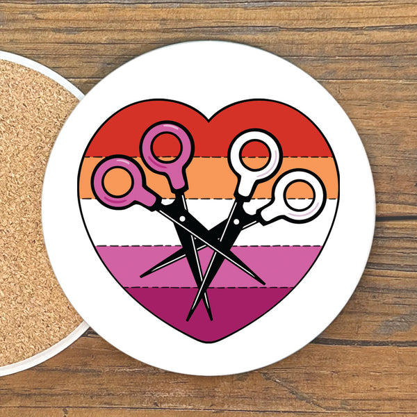 Lesbian Pride Scissor Heart Table Drink Coaster design featuring colorful stripes and scissors in a heart shape, perfect for adding flair to your surfaces. Ideal lesbian pride coaster for decoration or gifts.