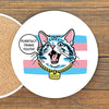 Colorful Protect Transgendered Youth Cat Drink Coaster featuring a playful design with a cat and the text 'Purrrect Trans Youth!'. Perfect as a transgender youth coaster for a stylish touch to your home.