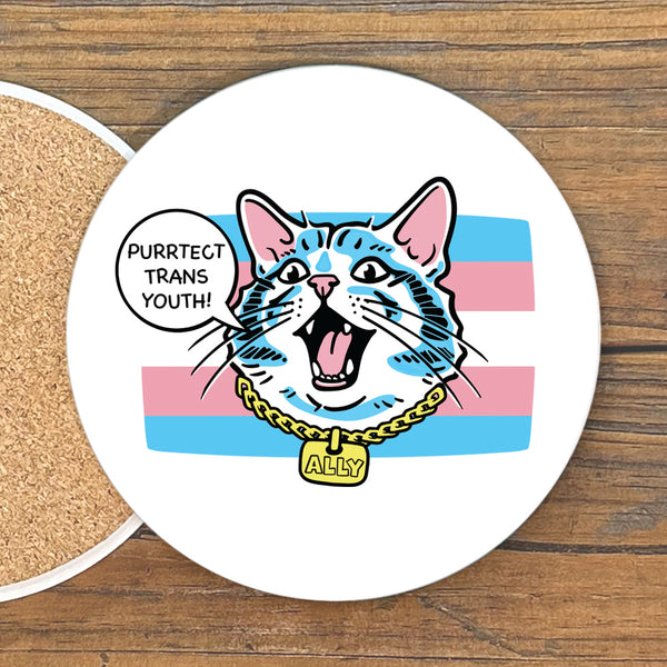 Colorful Protect Transgendered Youth Cat Drink Coaster featuring a playful design with a cat and the text 'Purrrect Trans Youth!'. Perfect as a transgender youth coaster for a stylish touch to your home.
