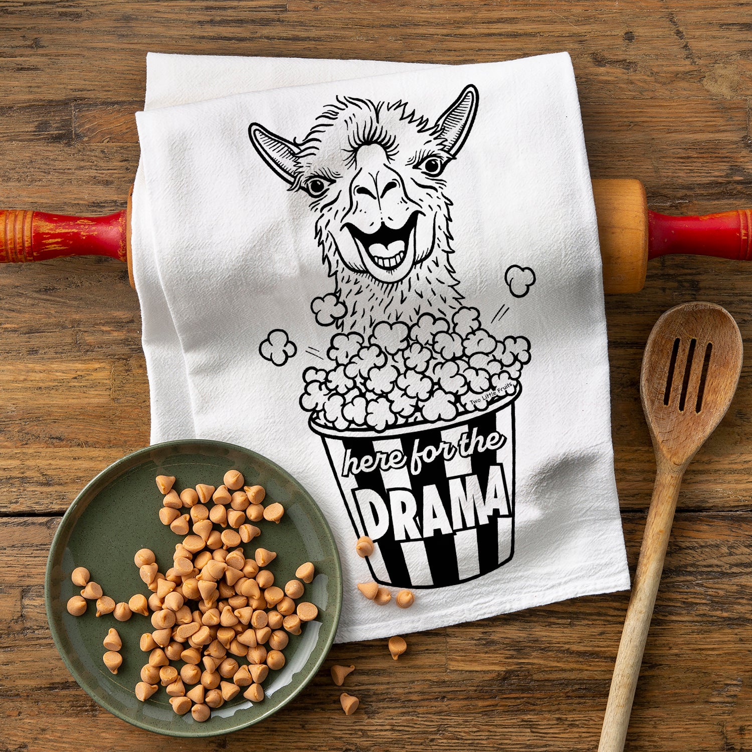 Funny Llama Tea Towels featuring a whimsical llama graphic with popcorn, stating 'here for the DRAMA', perfect for adding cheer to your kitchen.