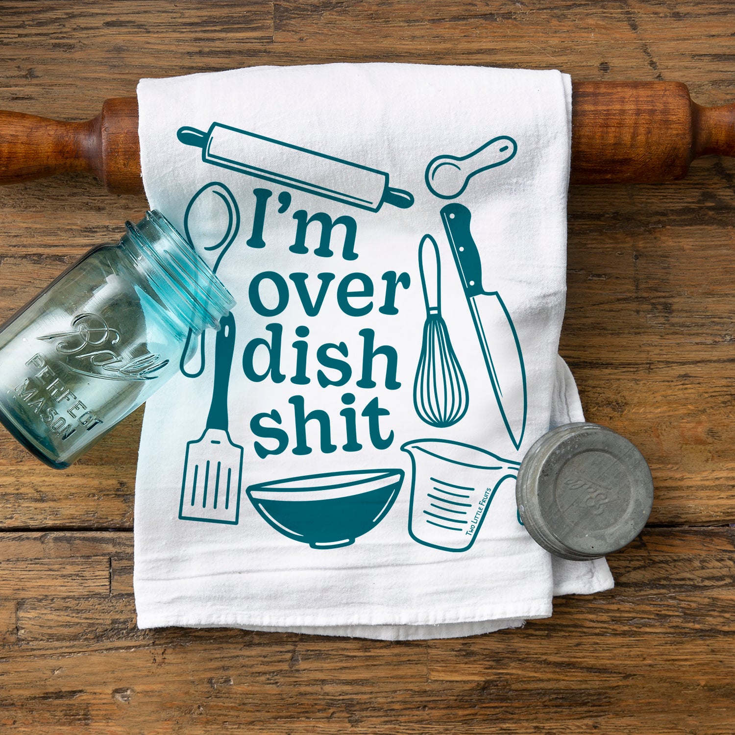 I'm Over Dish Shit Cotton Dish Towels – Eco-Friendly Screen Printed Kitchen Towel featuring playful kitchen utensils design on a white fabric background, perfect for adding humor and charm to your kitchen.