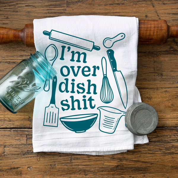 I'm Over Dish Shit Cotton Dish Towels – Eco-Friendly Screen Printed Kitchen Towel featuring playful kitchen utensils design on a white fabric background, perfect for adding humor and charm to your kitchen.