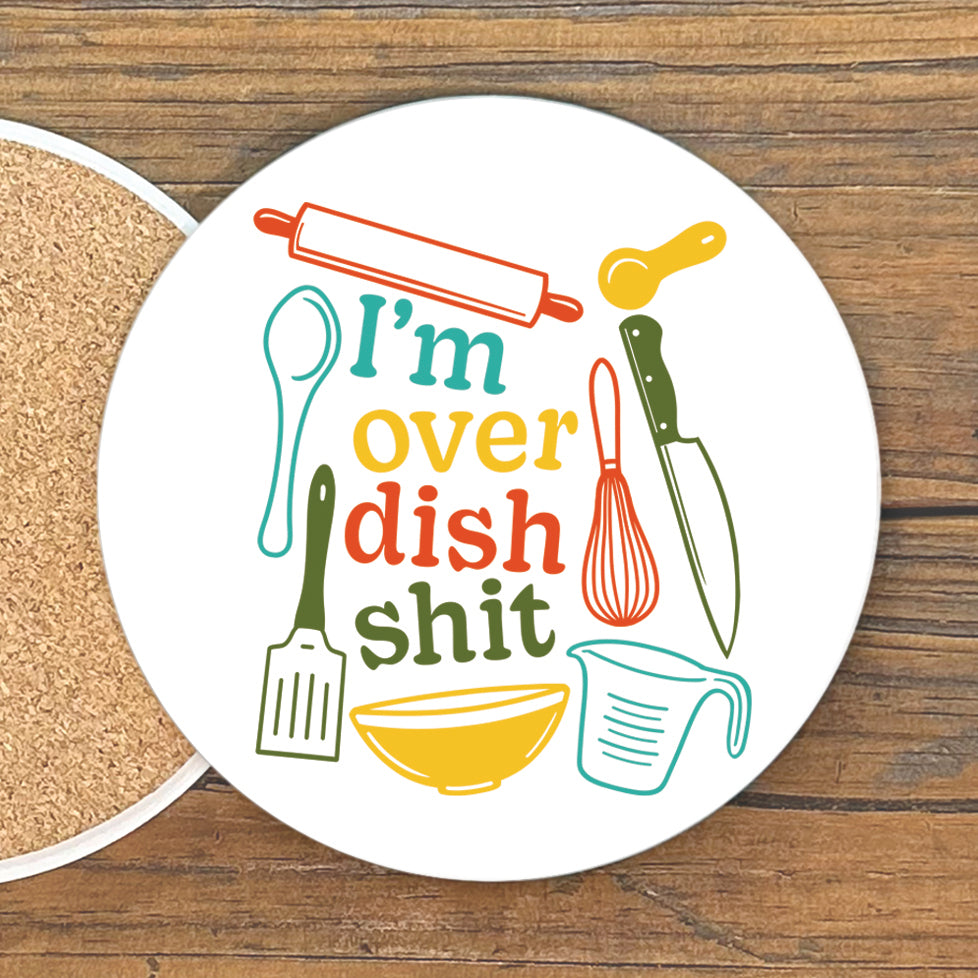 A white coaster with a colorful graphic design featuring various kitchen utensils and text.