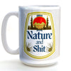 A white ceramic mug with a graphic design featuring a mountain landscape, pine trees, and a red sun. The text on the mug reads "Nature and Shit".