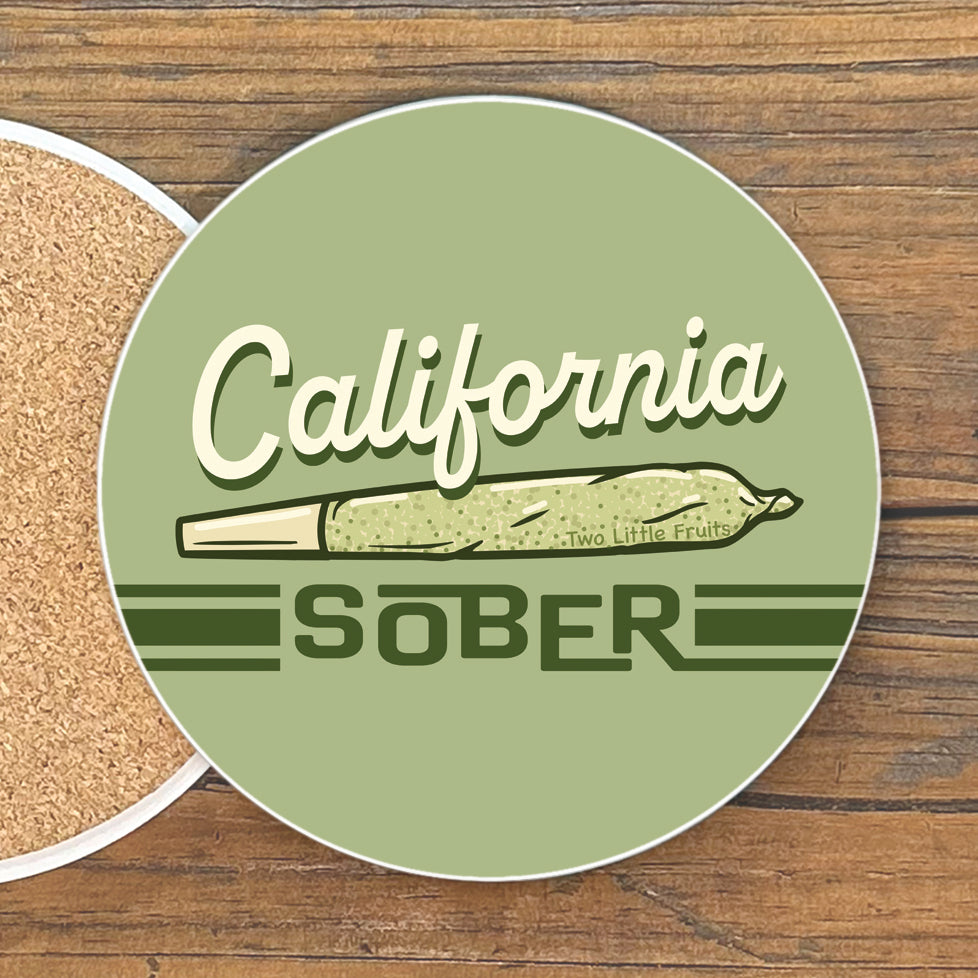 California Sober Cannabis Drink Coaster displayed on a wooden table, perfect for home decor coasters.