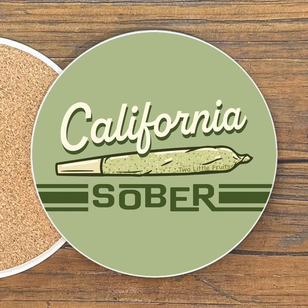 California Sober Cannabis Drink Coaster displayed on a wooden table, perfect for home decor coasters.