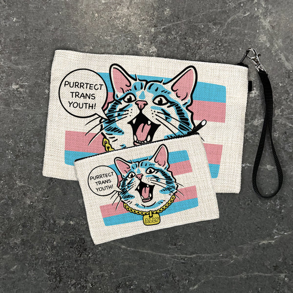 Protect Transgender Youth Pouch - Fun Zipper Pouch featuring a playful cat design in blue and pink colors, perfect for storing accessories in two available sizes.