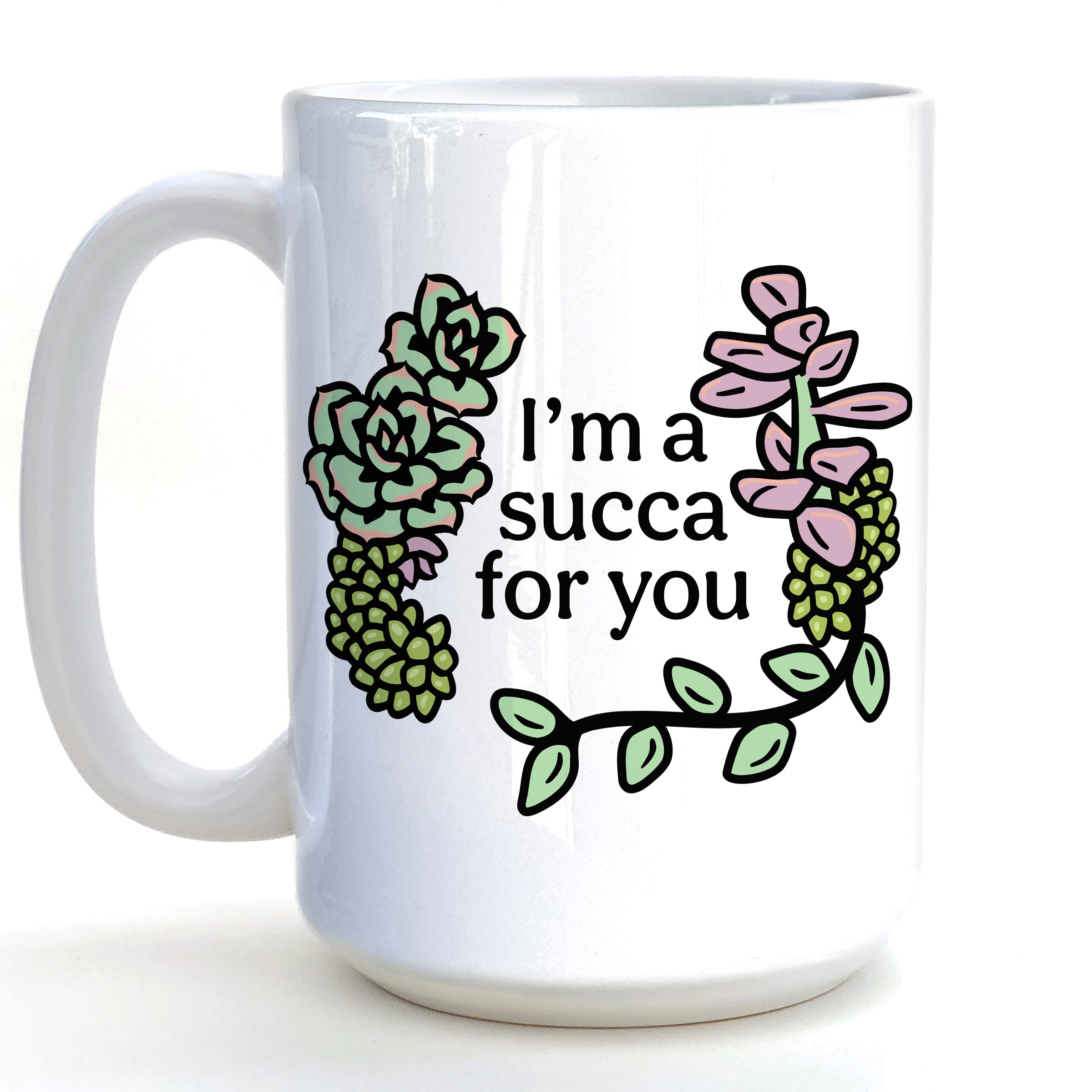 A white ceramic mug with a floral design and text printed on it.