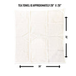 a white tea towel folded into a square shape, with measurements provided.