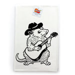A cartoon illustration of a furry animal, possibly a rodent or a small mammal, wearing a cowboy hat and playing a guitar.