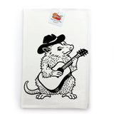 A cartoon illustration of a furry animal, possibly a rodent or a small mammal, wearing a cowboy hat and playing a guitar.