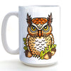 Adorable owl coffee mug featuring a colorful owl design with acorns and leaves, perfect for any coffee lover.