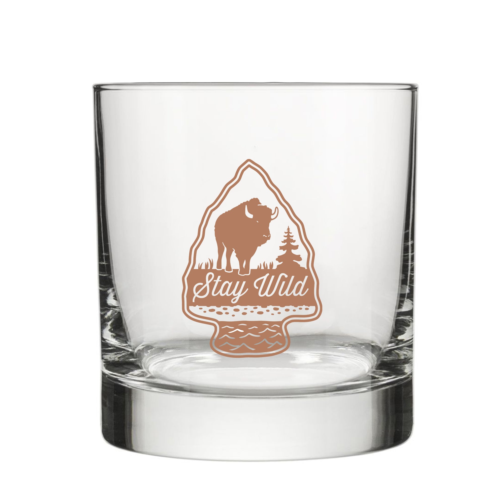 A clear glass with a printed design featuring a bison silhouette and the text "Stay Wild" on it.