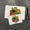 Adorable Honeybee Zipper Pouch featuring a vibrant design with honeybees and hexagons, perfect for organizing travel essentials, cosmetics, and more in two stylish sizes.