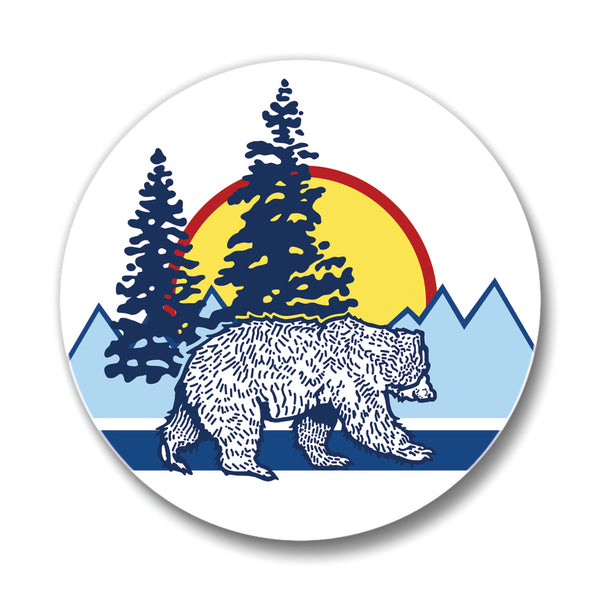 Bear Ceramic Coaster – 4" Adorable Drink Coaster with Cork Backing displaying a bear walking against a backdrop of mountains and trees.