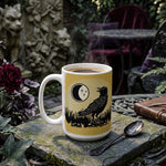 Moon Crow ceramic coffee mug — gothic crow and moon illustration, alternate view