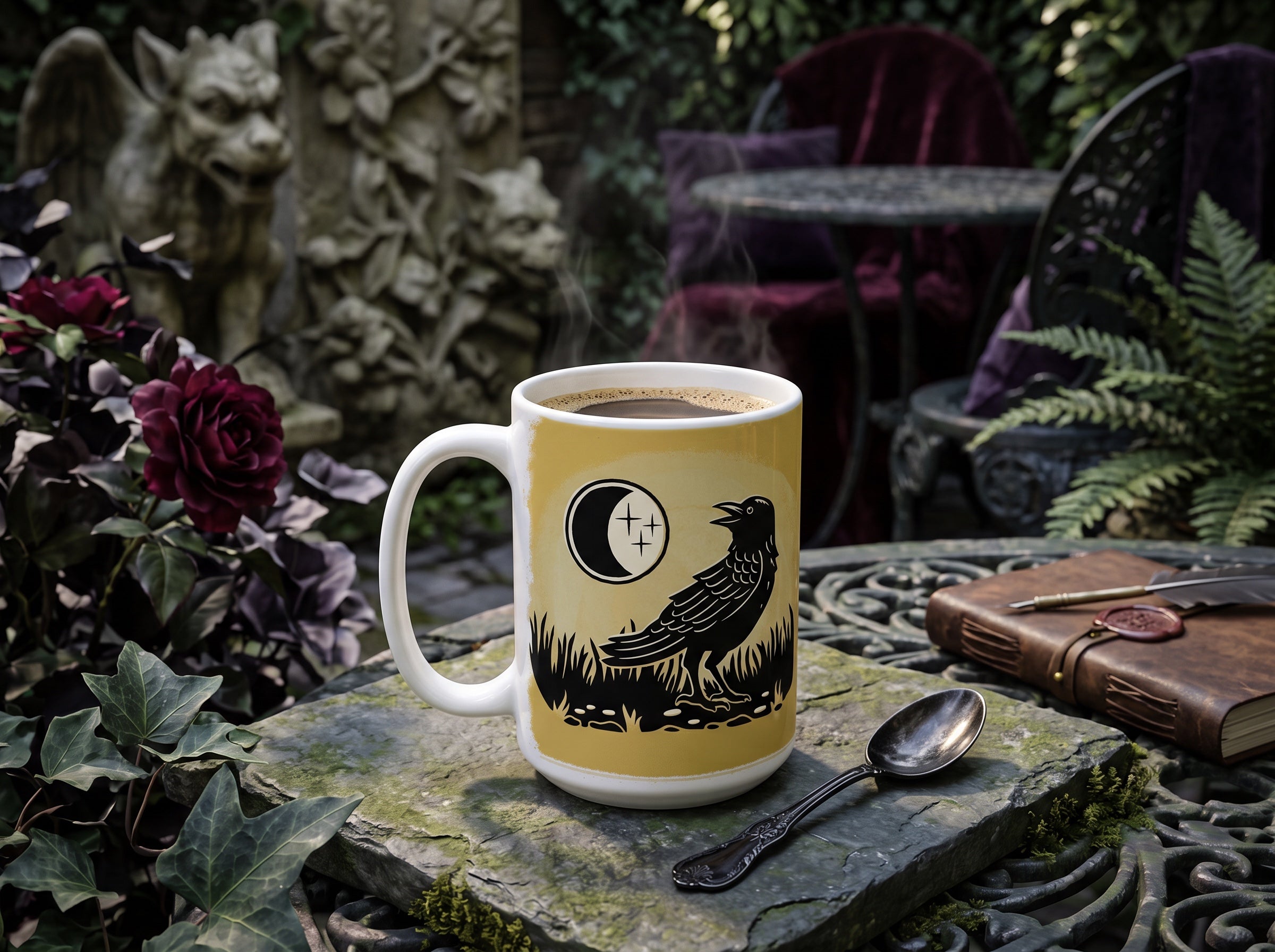 Moon Crow ceramic coffee mug — gothic crow and moon illustration, alternate view
