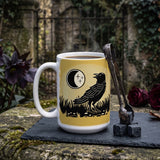 Moon Crow coffee mug hand-illustrated by Two Little Fruits — black crow beneath a crescent moon on a 15oz white ceramic mug