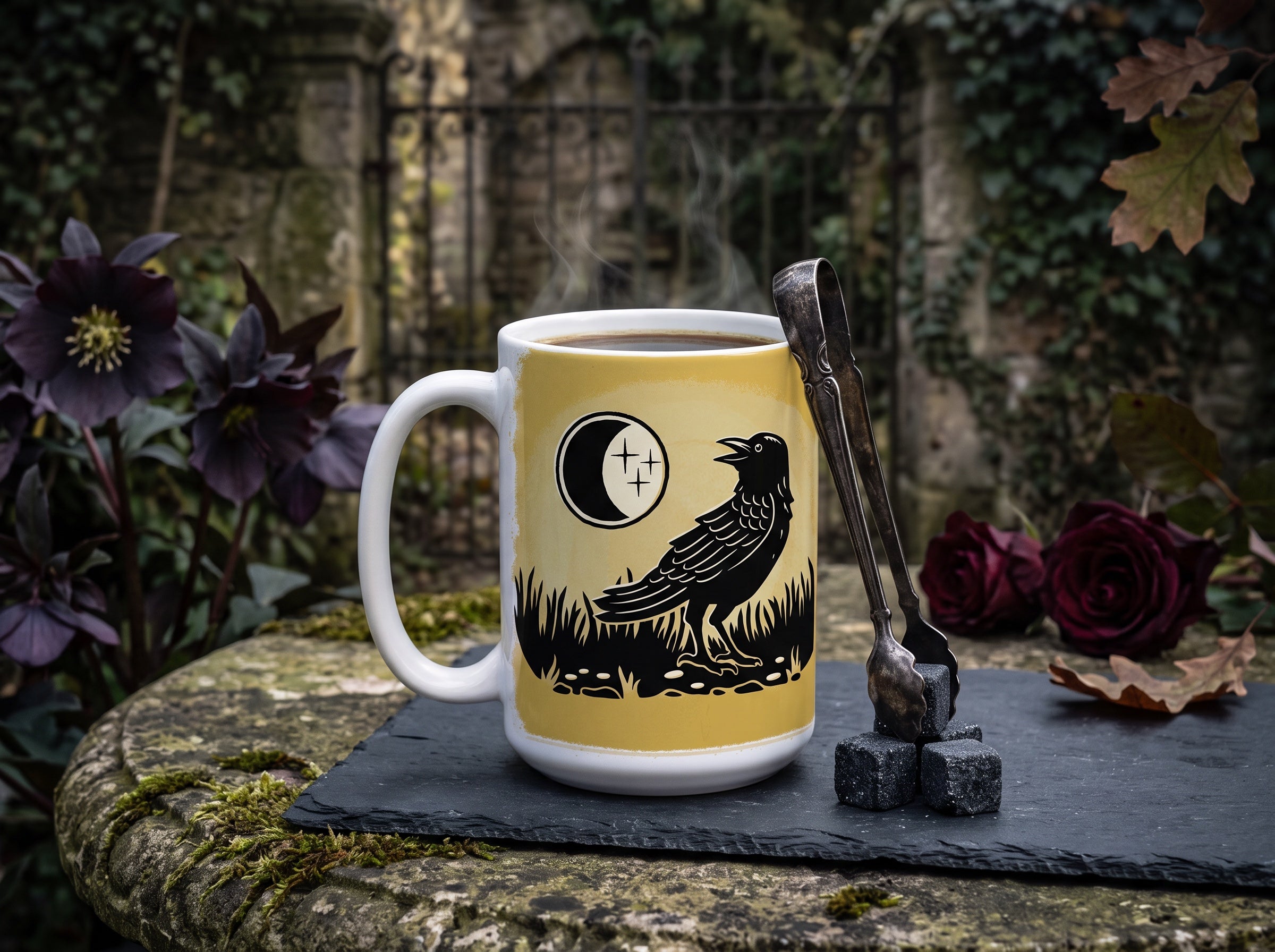 Moon Crow coffee mug hand-illustrated by Two Little Fruits — black crow beneath a crescent moon on a 15oz white ceramic mug
