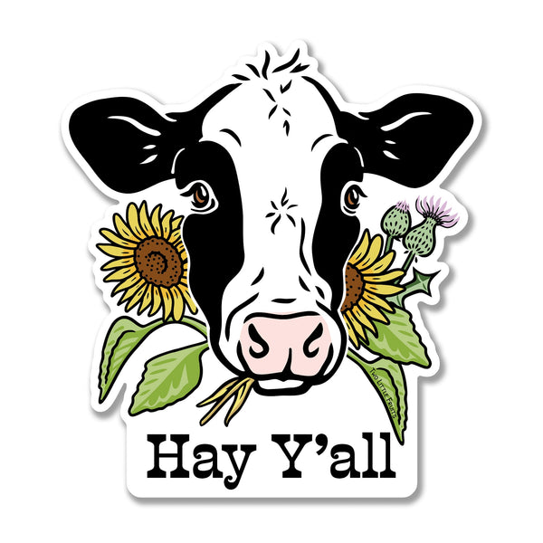 A cheerful cartoon cow with sunflowers and thistles, showcasing the text 'Hey Y'all' below. This vibrant design is a fun sticker by Two Little Fruits, perfect for adding Southern charm to your belongings.