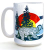 Side view of a Colorado bear coffee mug showcasing colorful graphics of trees and a bear, ideal for outdoor enthusiasts and coffee lovers.