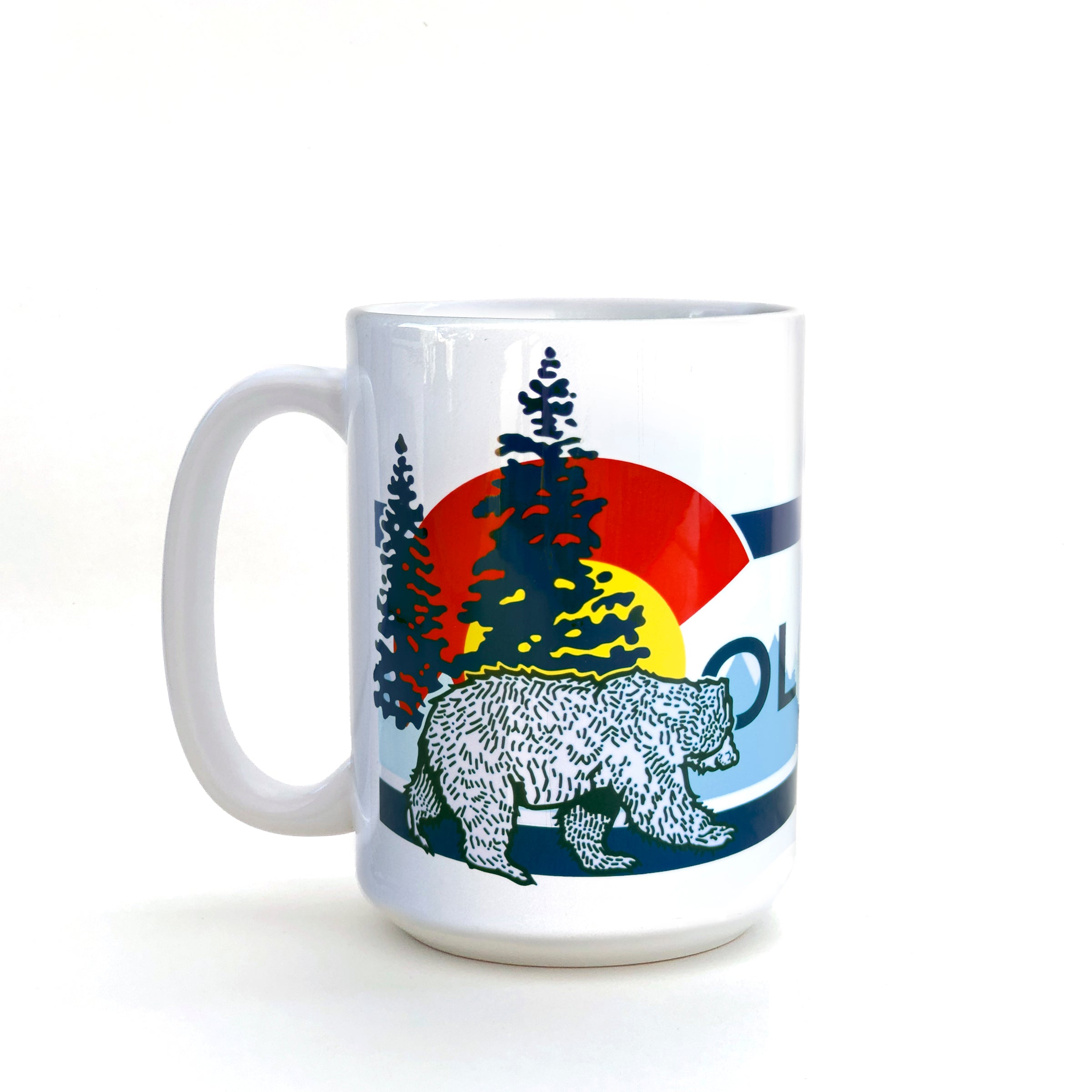 Colorado coffee mug featuring a bear design, trees, and the Colorado state emblem in vibrant colors, perfect for morning coffee.