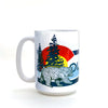Colorado coffee mug featuring a bear design, trees, and the Colorado state emblem in vibrant colors, perfect for morning coffee.