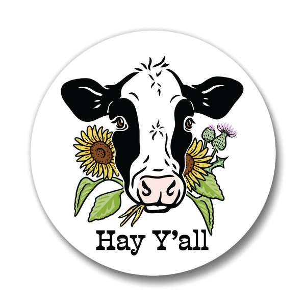 Whimsical Hey Y'all Cow Drink Coaster by Two Little Fruits displaying a cartoon cow amid sunflowers, an excellent addition to your home decor. Embrace the farmhouse style coasters trend with this unique piece. Coasters, new.