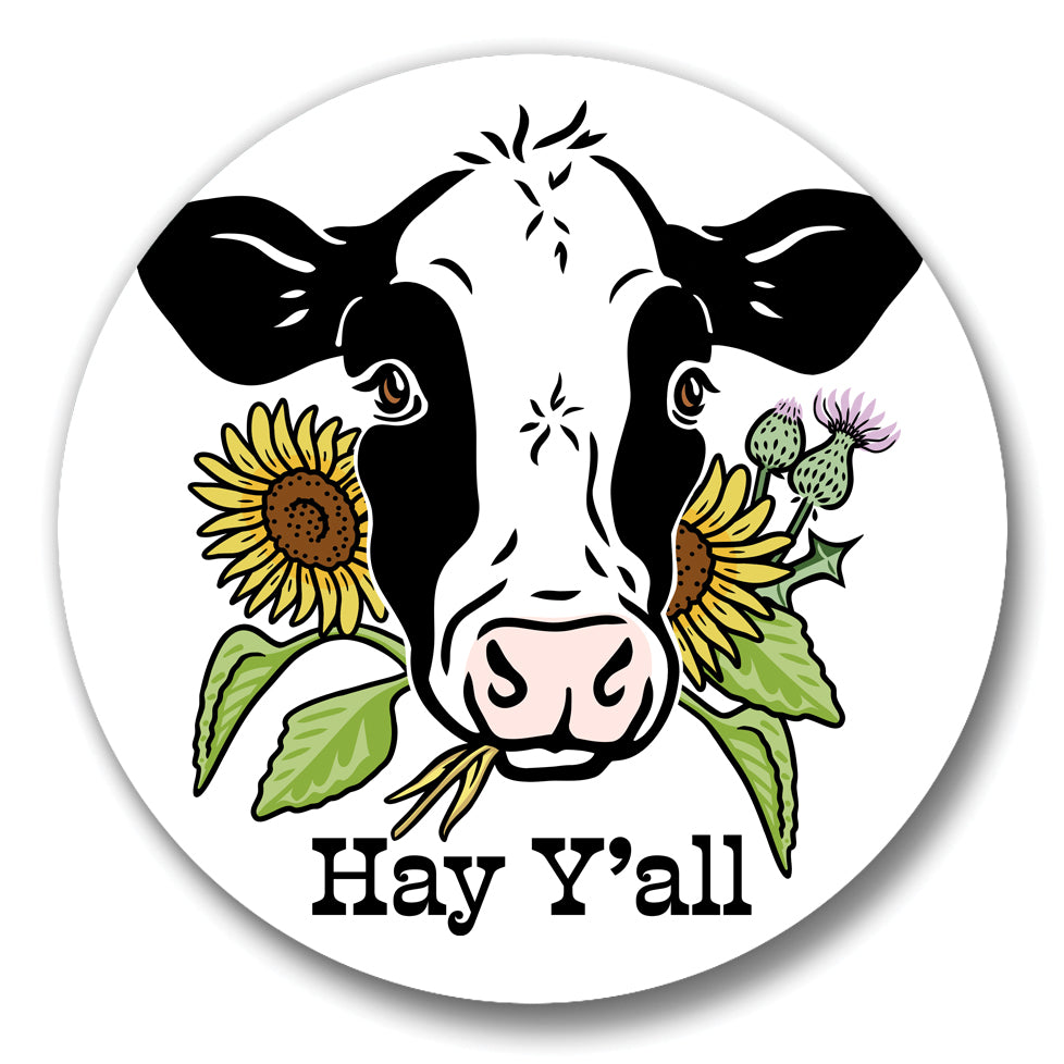 Hey Y'all Cow Button Pin featuring a cheerful cow with sunflowers and the text 'Hay Y'all', perfect for adding a touch of Southern charm to accessories.