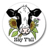 Hey Y'all Cow Button Pin featuring a cheerful cow with sunflowers and the text 'Hay Y'all', perfect for adding a touch of Southern charm to accessories.