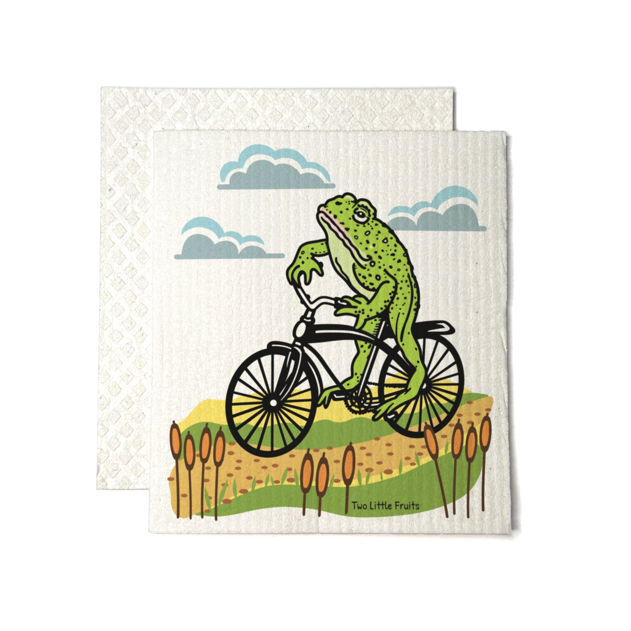 Frog On A Bike Swedish Dishcloth, a cheerful compostable kitchen cloth featuring a playful frog design on a bicycle, perfect for eco-friendly cleaning.
