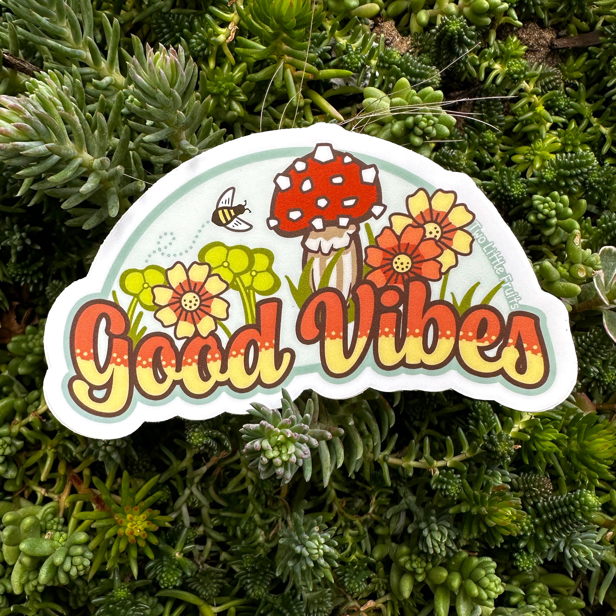 Fun Good Vibes Mushroom Laptop Sticker with a charming mushroom and floral illustration, designed to add good energy to your laptop.