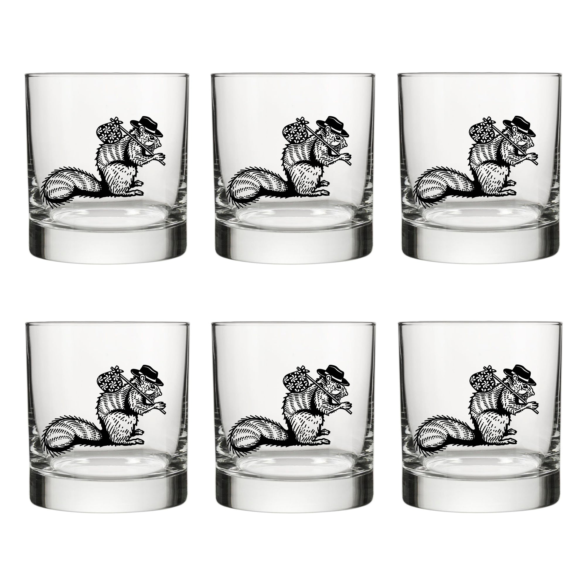 A collection of six unique whiskey glasses featuring intricate hobo squirrel designs. The glasses are clean and empty, arranged neatly for display.