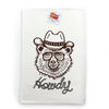 Howdy Bear Cowboy Kitchen Towel featuring an illustration of a cowboy bear wearing sunglasses and a hat, highlighting its charming and whimsical style.