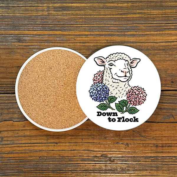 Another view of the Down to Flock Lamb Drink Coaster by Two Little Fruits, showcasing the cute lamb design with floral accents. A delightful addition for your home, this lamb drink coaster is a must-have among coasters, new.