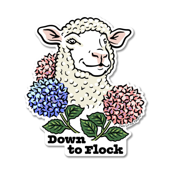 Cute Down-to-Flock Lamb Sticker by Two Little Fruits featuring a smiling lamb surrounded by colorful hydrangeas. This durable, new lamb sticker is perfect for adding a touch of whimsy to your belongings. Great for stickers enthusiasts!