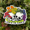 Colorful Skull and Flowers LGBTQ+ Pride Sticker, ideal for adding flair to your queer pride accessories.