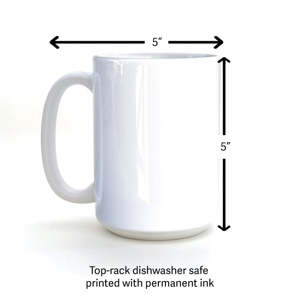 A close-up view of the 15 oz Later Gaytor mug dimensions, measuring 5 inches in height and width, showcasing its sturdy design. This dishwasher-safe mug is ideal for expressing your support for LGBTQ PRIDE while enjoying your drinks.