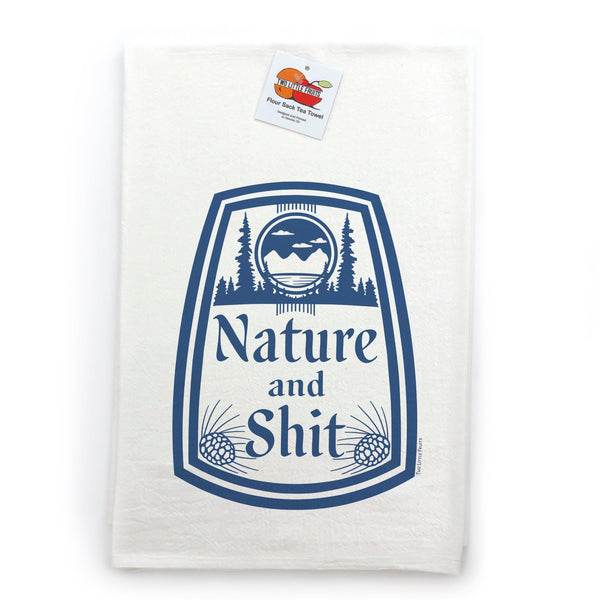 A folded Nature and Sh*t tea towel highlighting its vibrant design, ideal for ironic kitchen decor that brings fun and personality to any space.