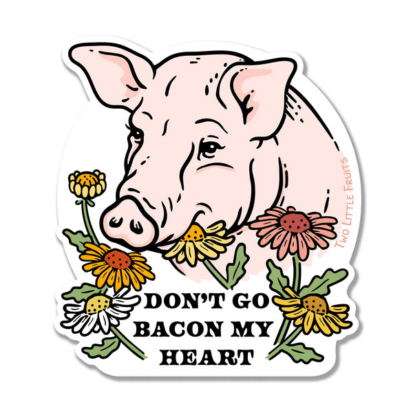 A charming funny pig sticker featuring an illustrated pig surrounded by flowers with the playful text 'Don't Go Bacon My Heart'. This new sticker adds humor and personality to any item, making it a perfect choice for your collection. Stickers like this are great for showcasing your love for pigs with a fun twist!