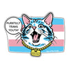 Protect Transgender Youth Cat Sticker – Trans Pride Ally Vinyl Sticker featuring a cheerful cat with the text 'Purrtect Trans Youth!' on a pastel trans flag background, perfect for showing LGBTQ PRIDE support. This new sticker is great for all your transgender youth support stickers needs!