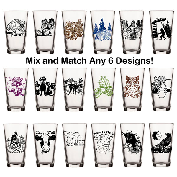 Unique Beer Glass Gift Set - Mix And Match 6 Animal 16 Oz Pint Glasses